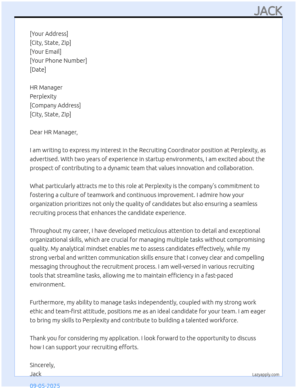 Recruiting Coordinator At Perplexity Cover Letter