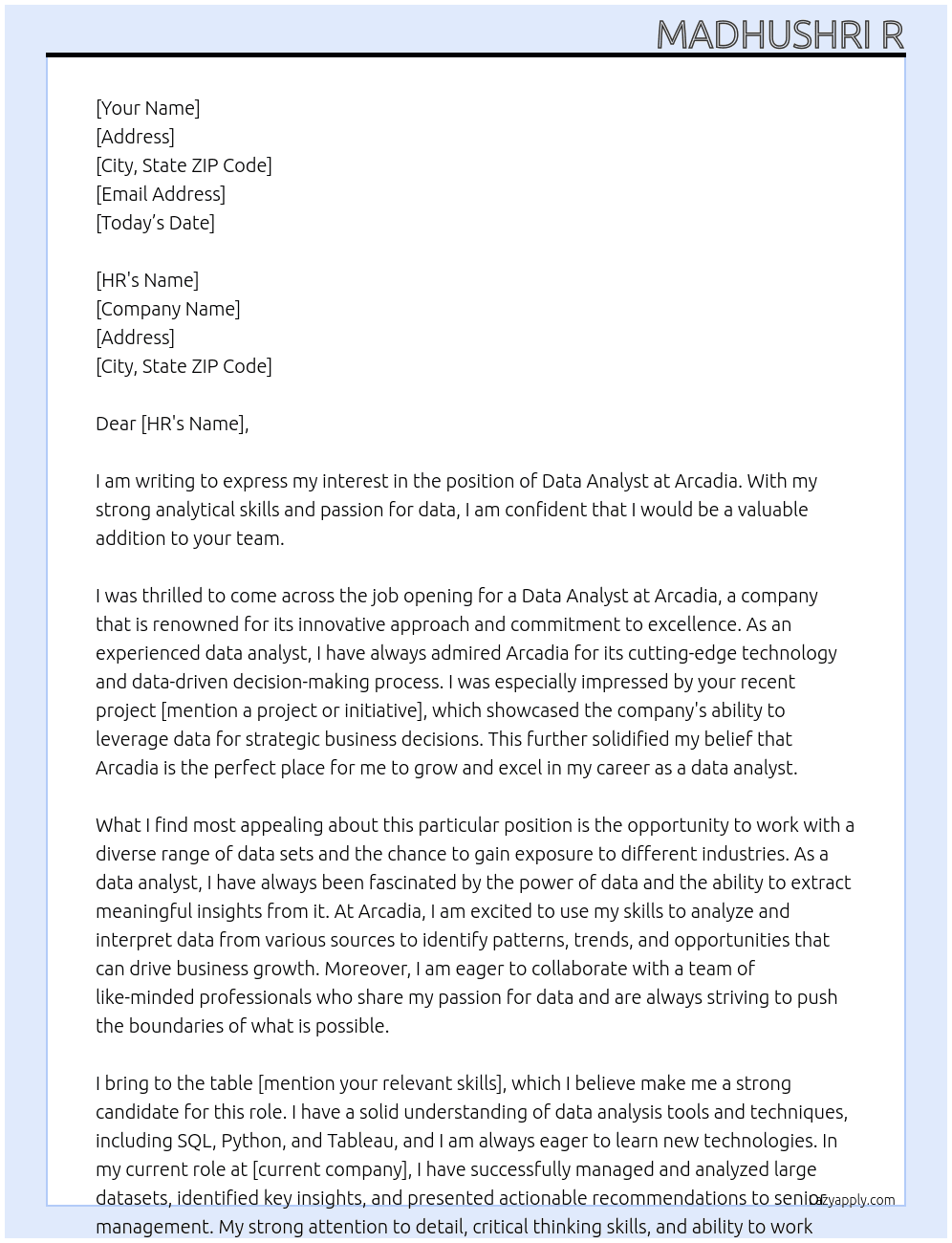 Data Analyst At Arcadia Cover Letter