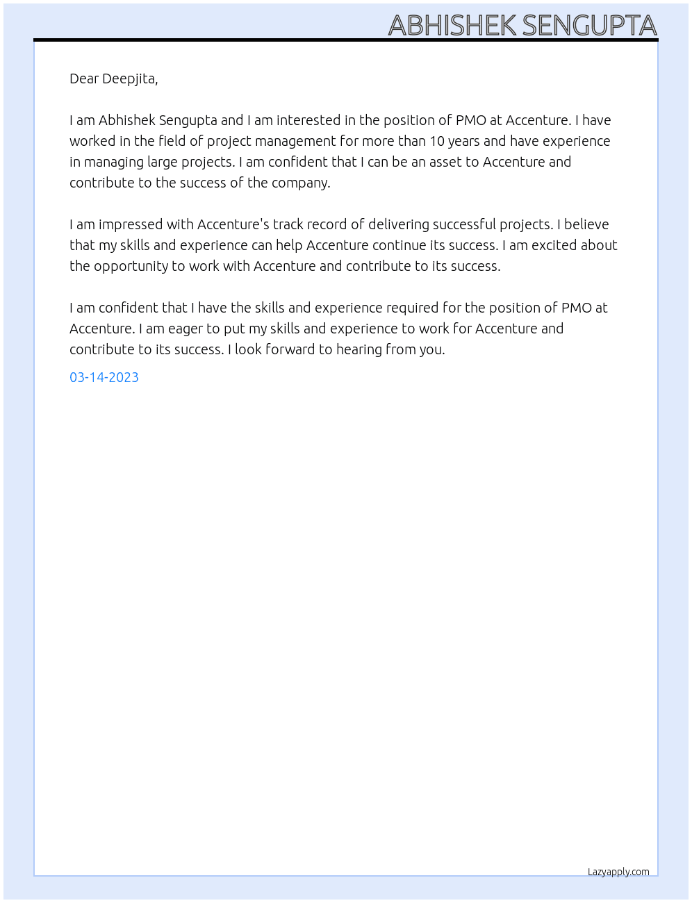 PMO At Accenture Cover Letter