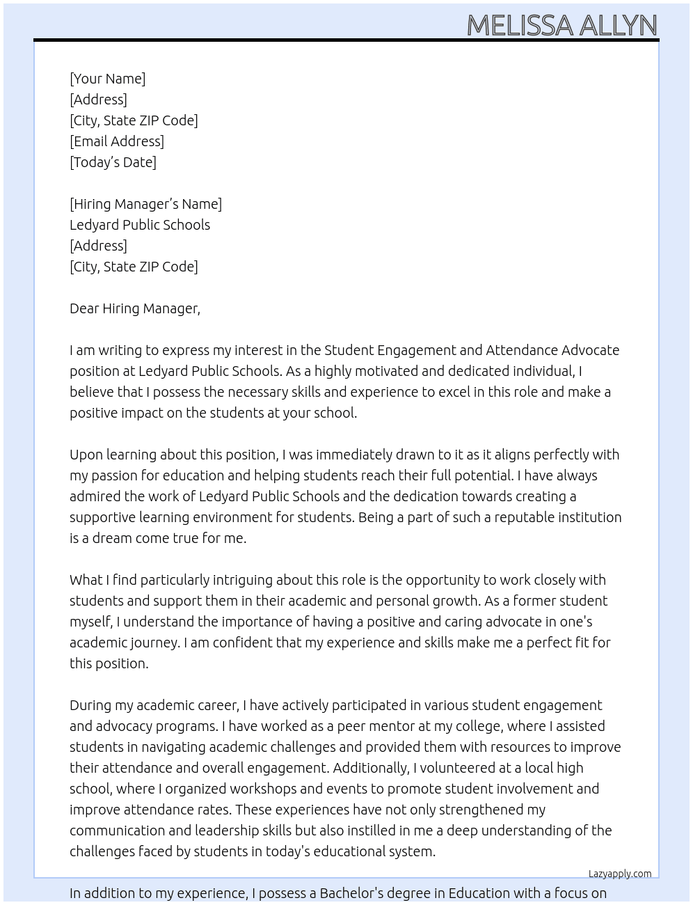 Student Engagement and Attendance Advocate At Ledyard Public Schools Cover Letter