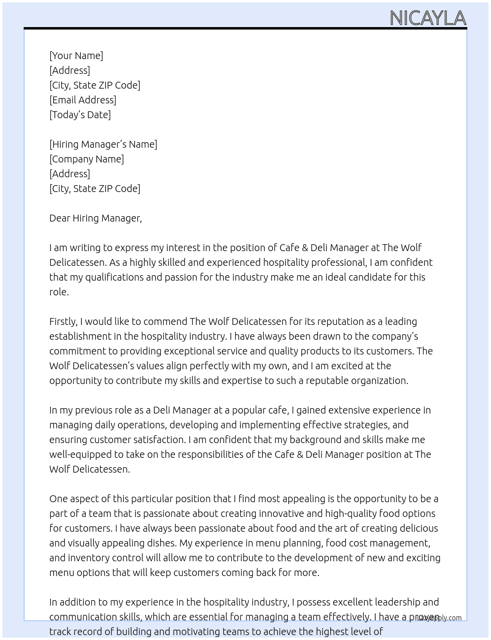 Cafe & Deli Manager  At The Wolf Delicatessen Cover Letter