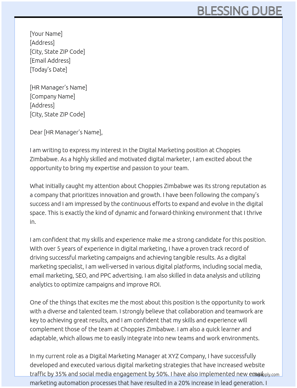 Digital Marketing  At Choppies Zimbabwe  Cover Letter