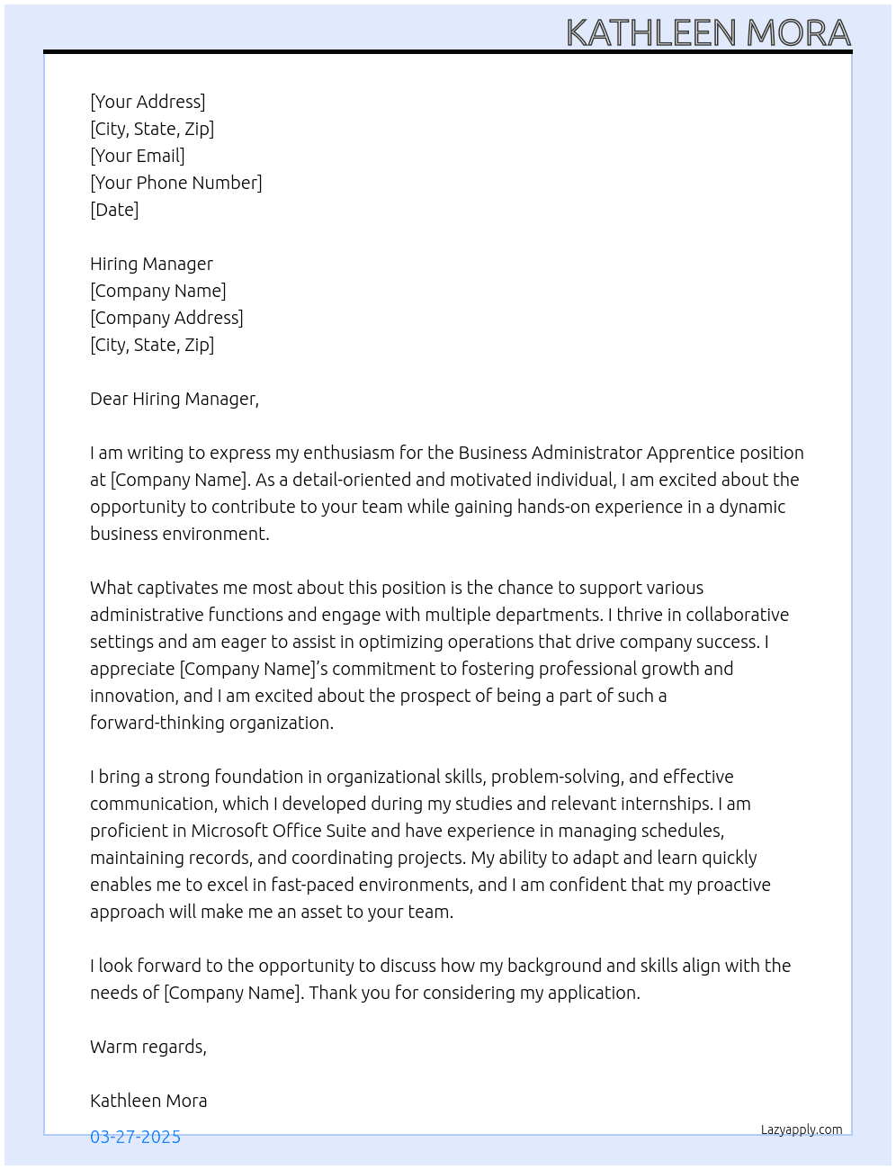 Cover letter for business administrator apprentice - LazyApply