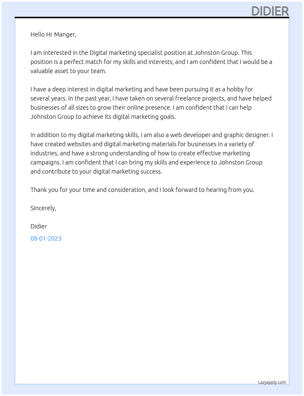 Digital marketing specialist At Johnston Group Cover Letter