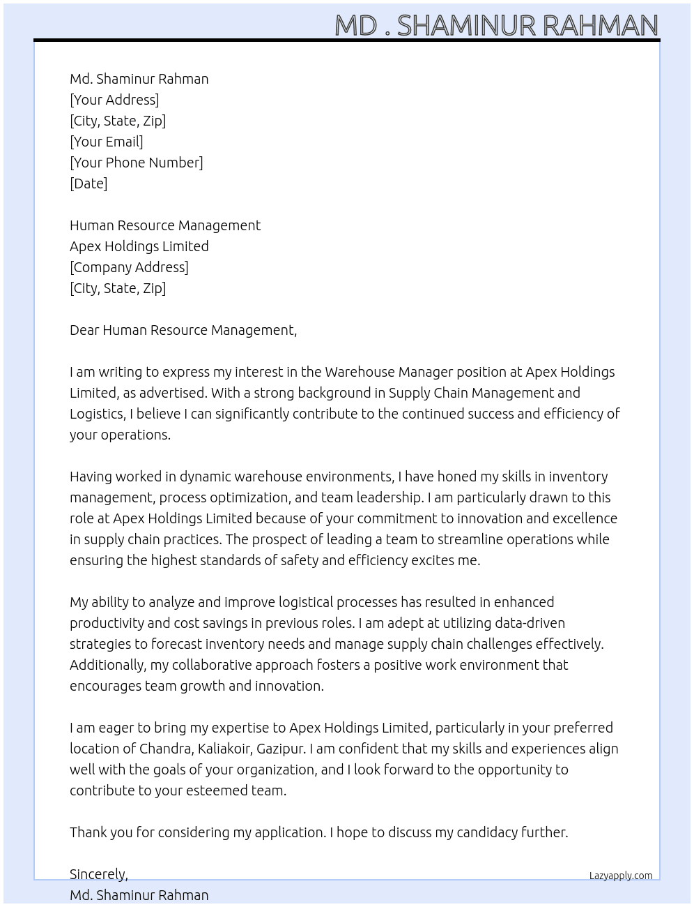 Manager  At Apex Holdings Limited  Cover Letter