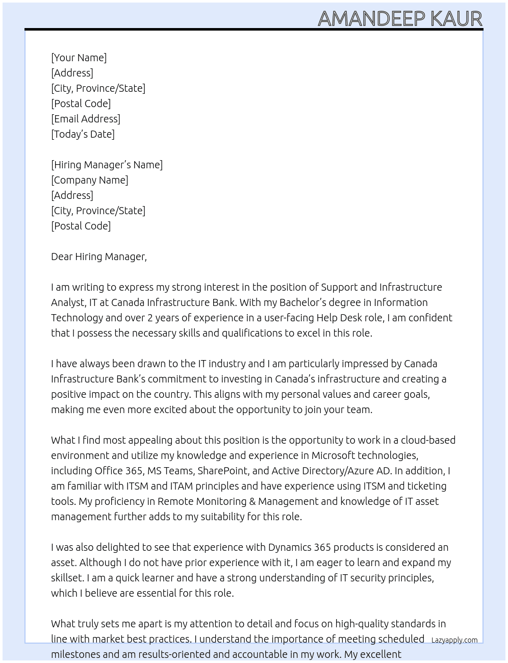 Support and Infrastructure Analyst, IT At Canada Infrastructure Bank Cover Letter