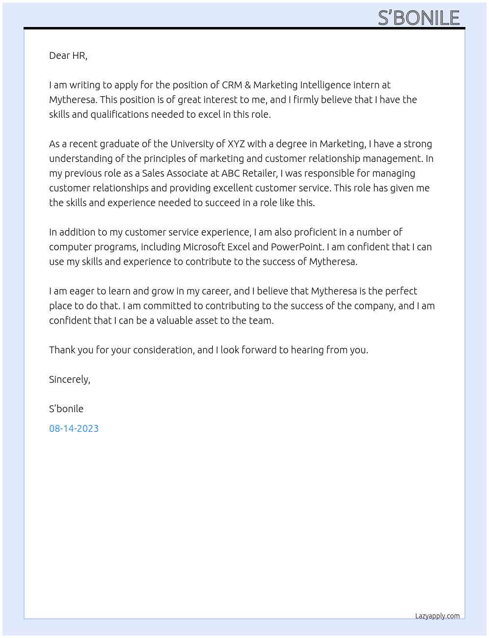 CRM & Marketing Intelligence intern  At Mytheresa Cover Letter