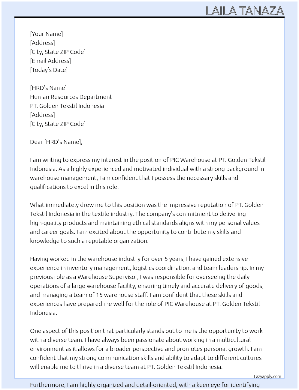 PIC Warehouse At PT. Golden Tekstil Indonesia Cover Letter