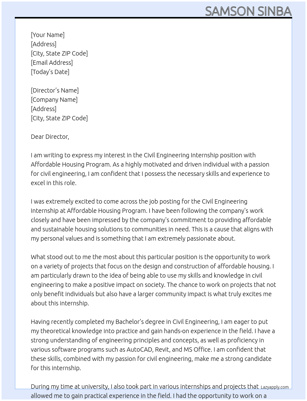 Civil Engineering Internship  At Affordable Housing Program  Cover Letter