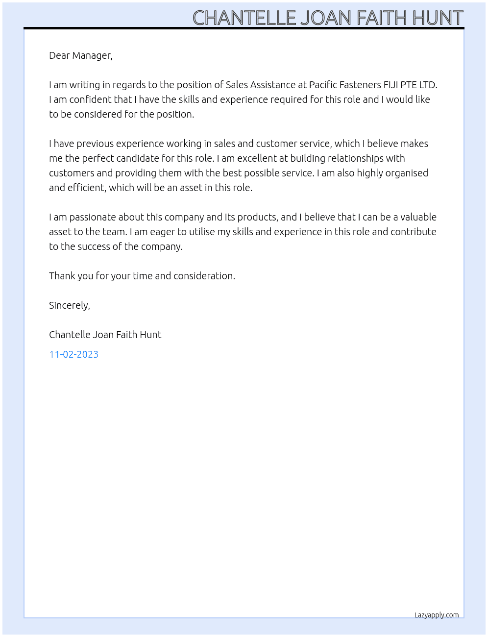 Sales assistance  At Pacific Fasteners FIJI PTE LTD Cover Letter