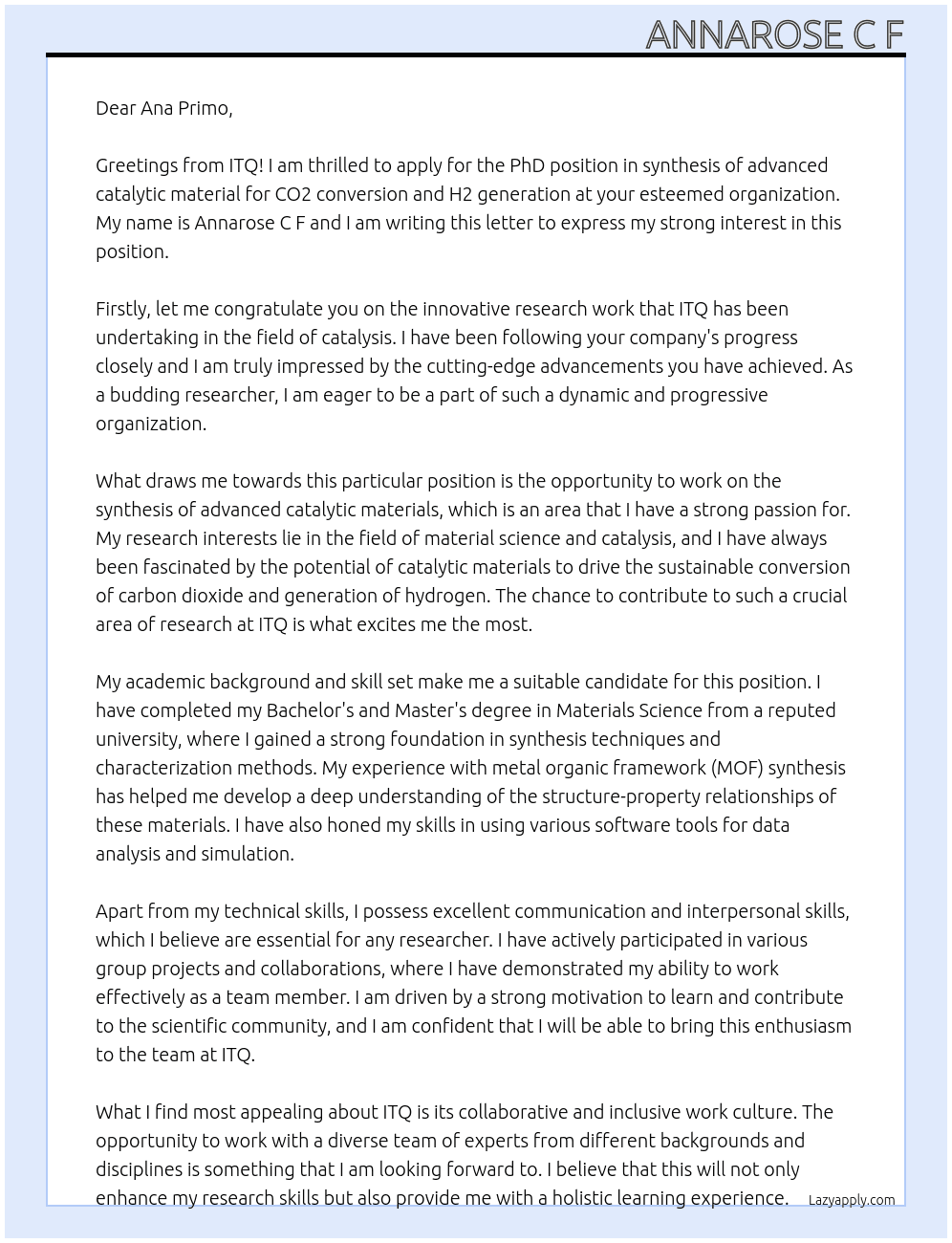 PhD position in synthesis of advanced catalytic material for CO2 conversion and H2 generation  At ITQ Cover Letter