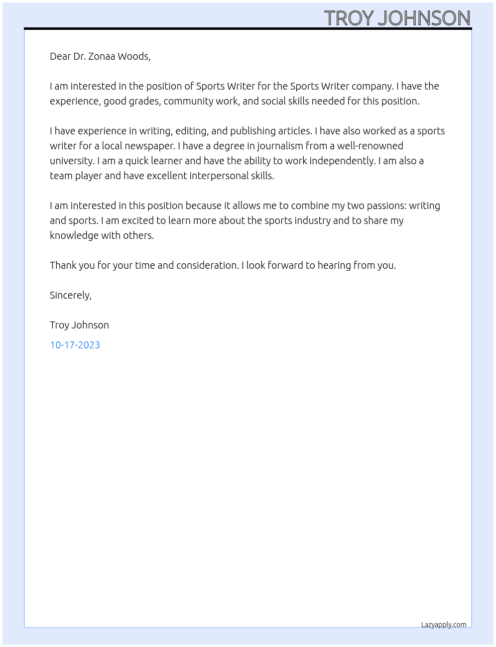 Sports Writ At Sports Writer Cover Letter