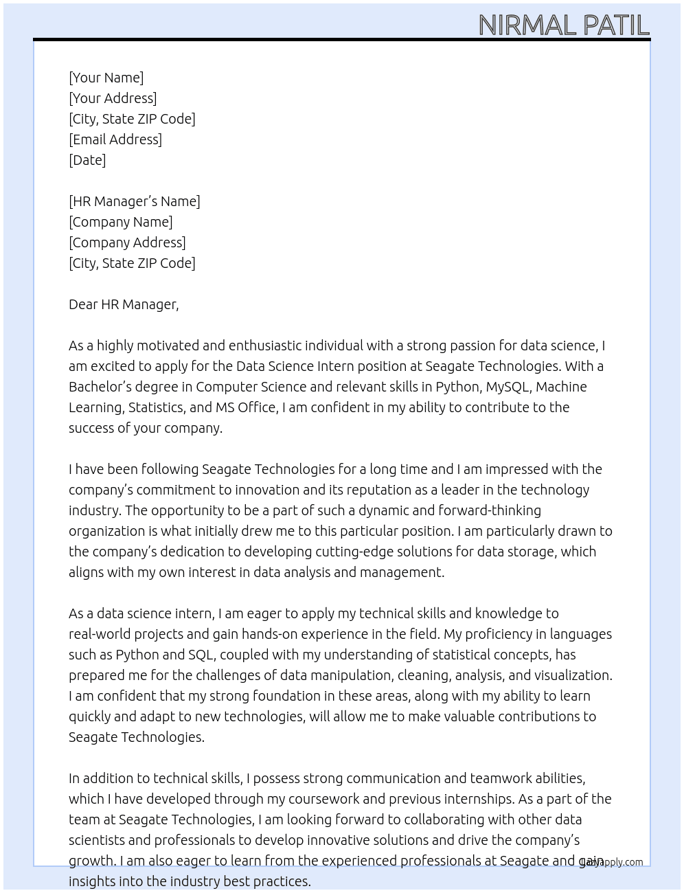 Data Science Intern At Seagate Technologies Cover Letter