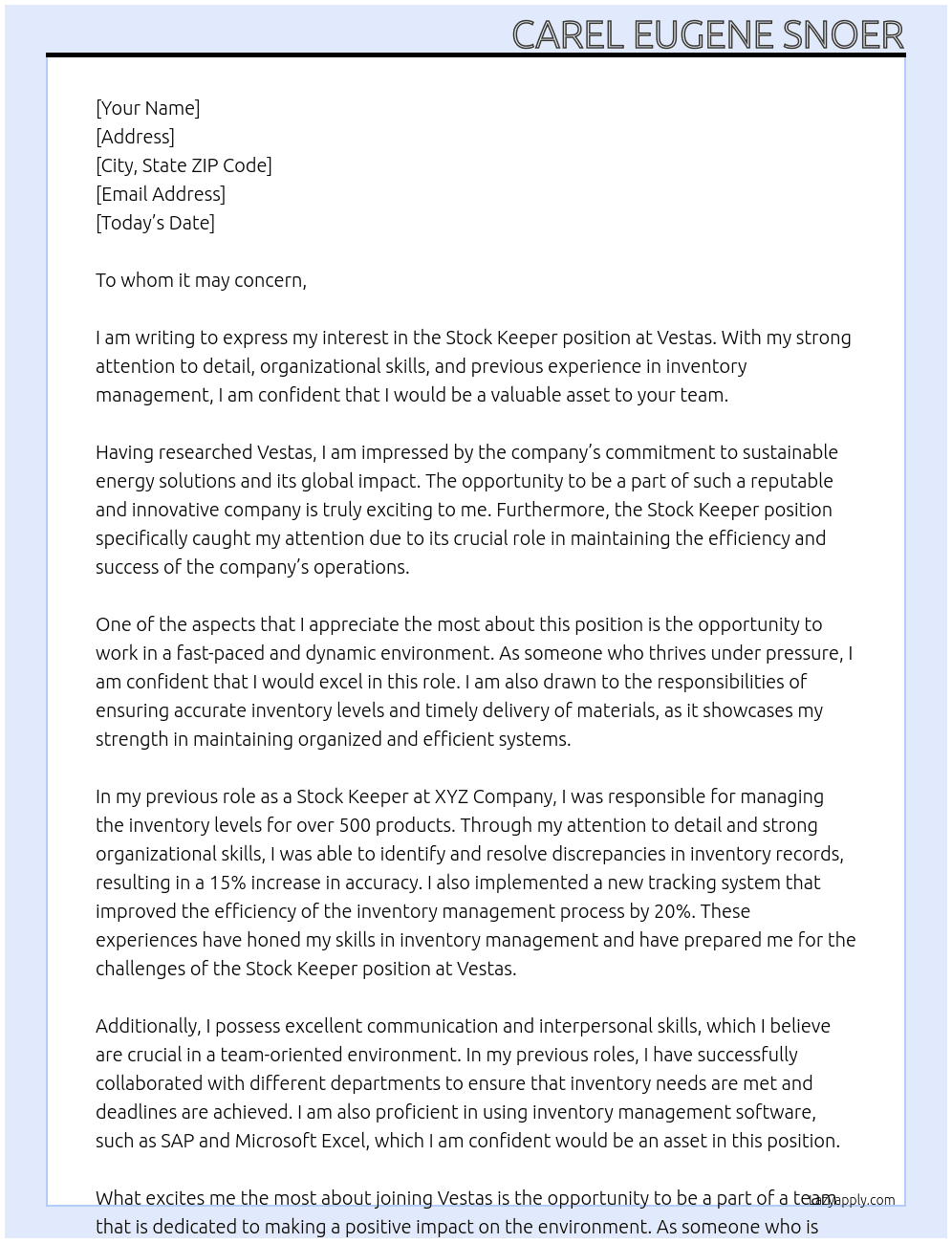 Stock Keeper At Vestas Cover Letter