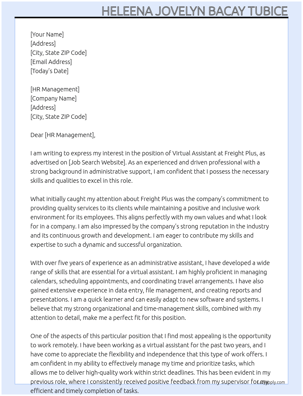 virtual assistant At Freight Plus  Cover Letter