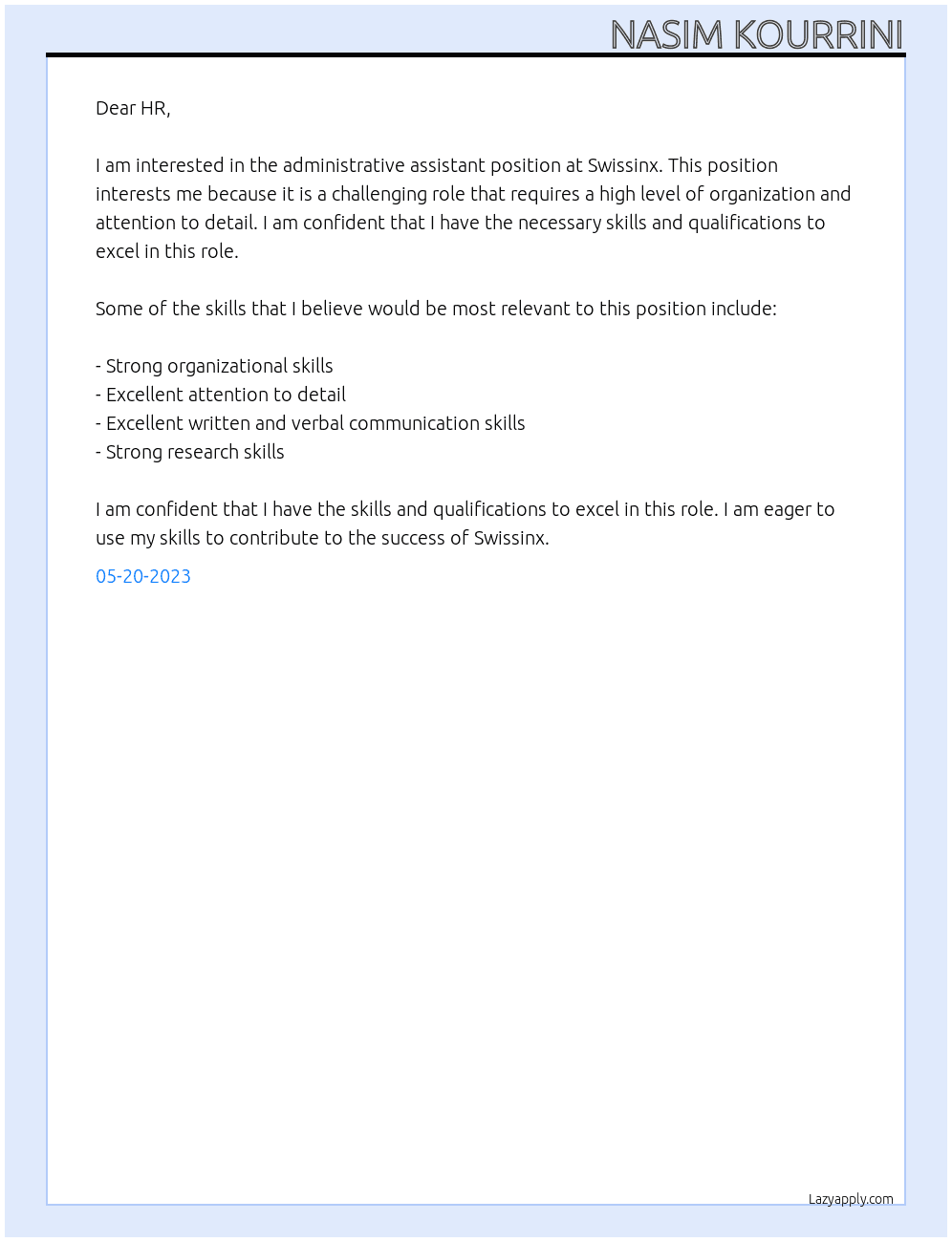 Administrative assistant At Swissinx Cover Letter