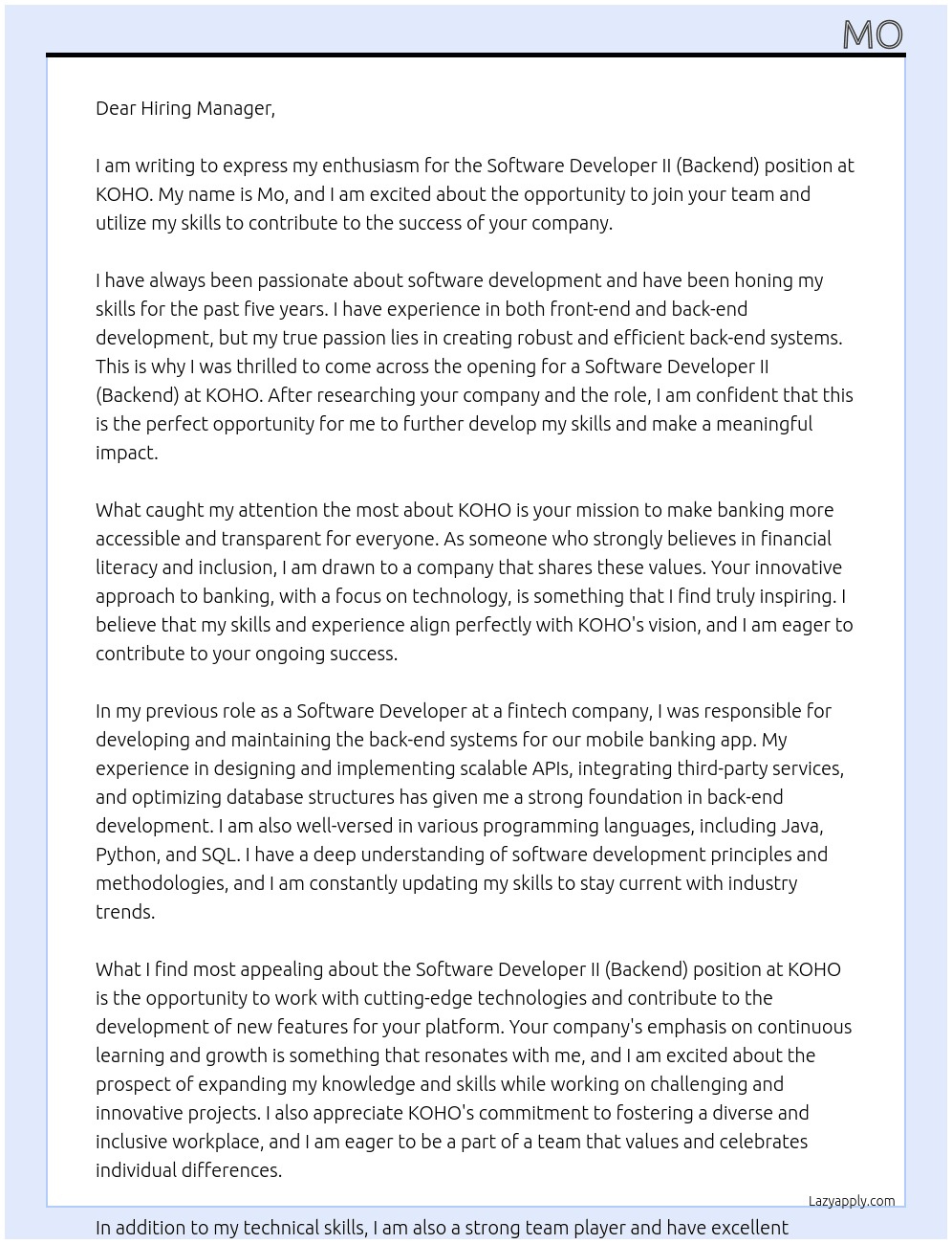 Software Developer II (Backend) At KOHO Cover Letter
