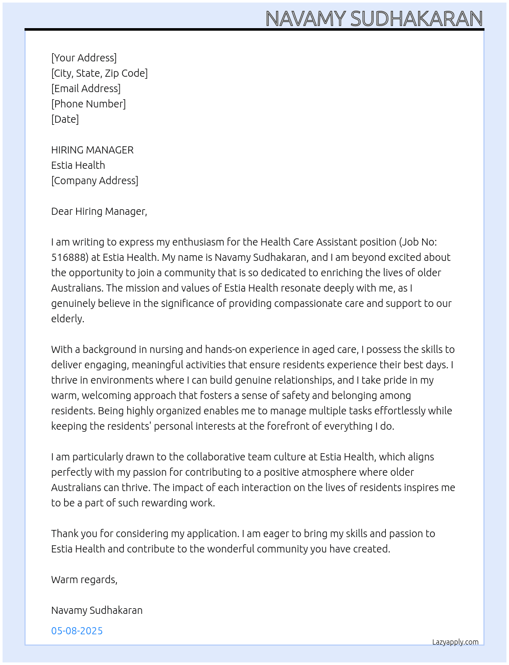 health care assistant At ESTIA HEALTH Cover Letter