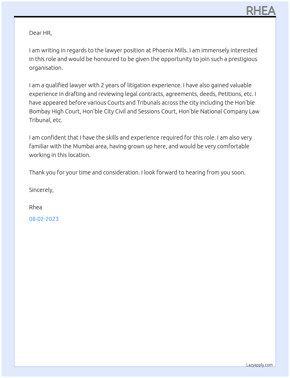 lawyer At Phoenix Mills Cover Letter