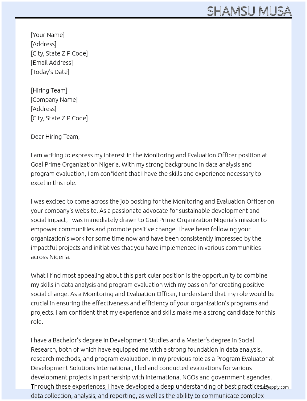 Monitoring and Evaluation Officer At Goal Prime Organization Nigeria Cover Letter