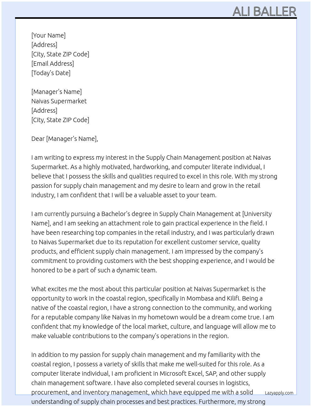 Supply chain managment At Naivas supermarket Cover Letter