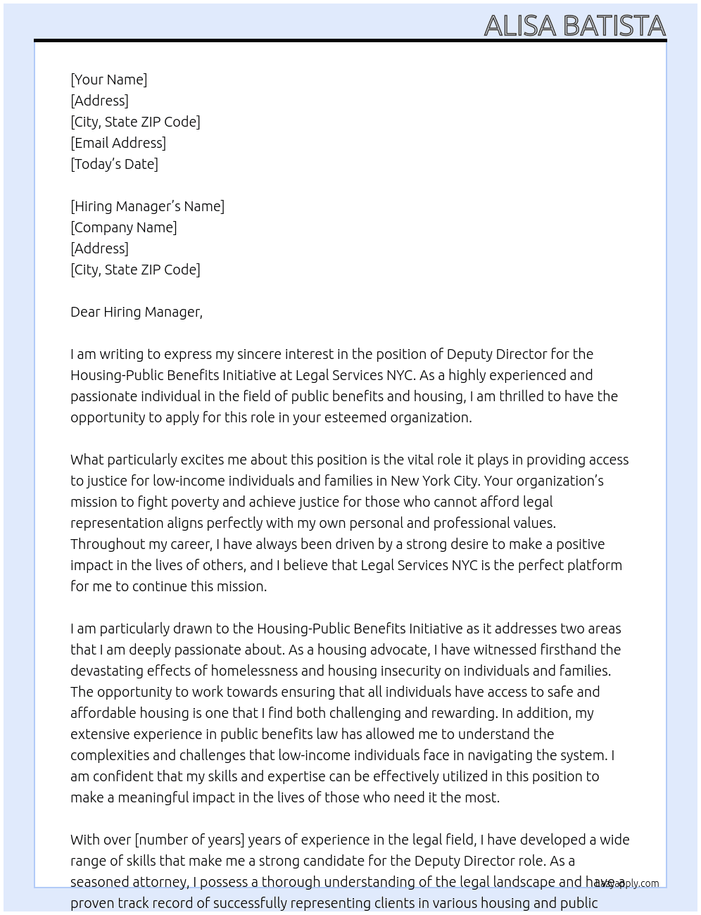 Deputy Director, Housing-Public Benefits Initiative At Legal Services NYC Cover Letter