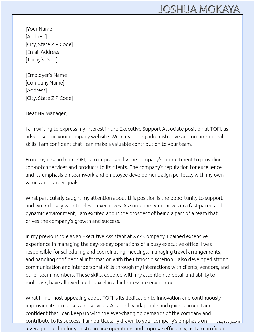 Executive Support Associate  At TOFI Cover Letter