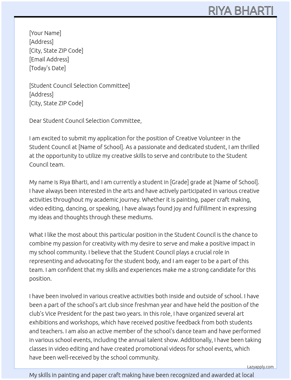 Creative volunteer  At Student Council  Cover Letter