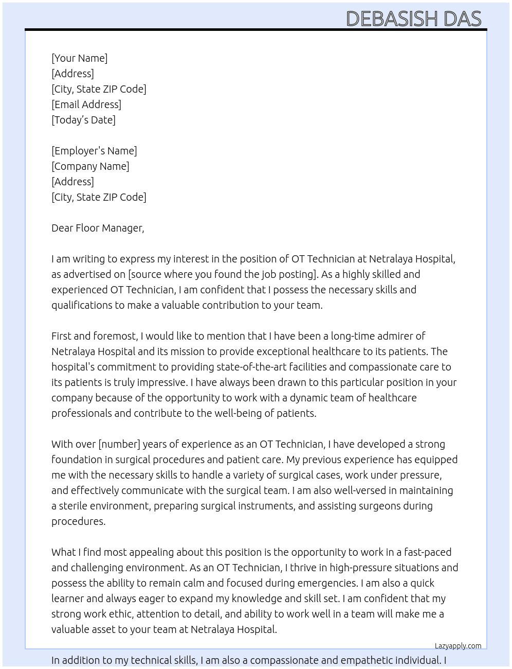 OT TECHNICIAN  At NETRALAYA HOSPITAL  Cover Letter