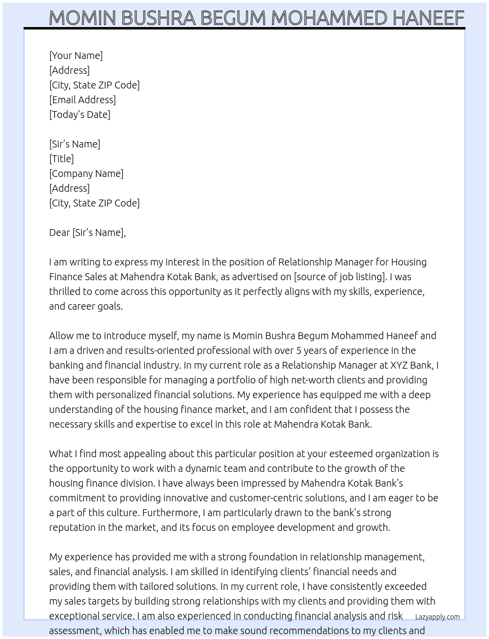 Cover letter for relationship manager housing finance sales - LazyApply
