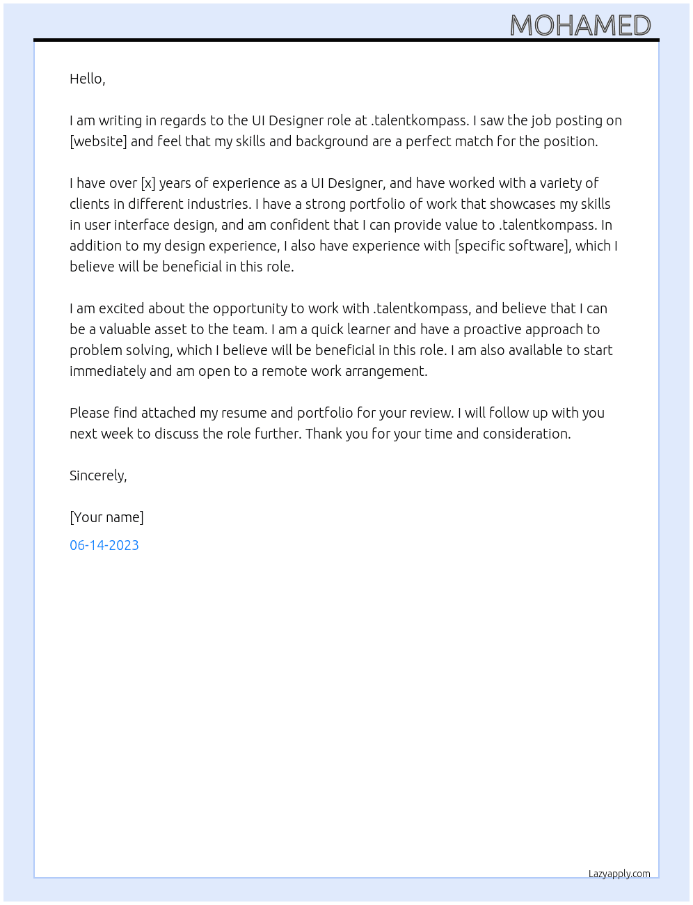 ui designer At .talentkompass Cover Letter