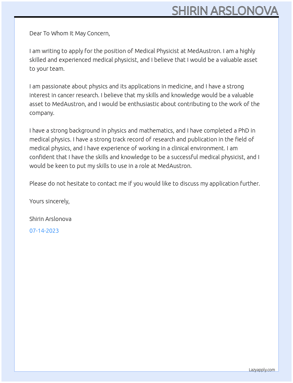 Medical physicist  At MedAustron Cover Letter