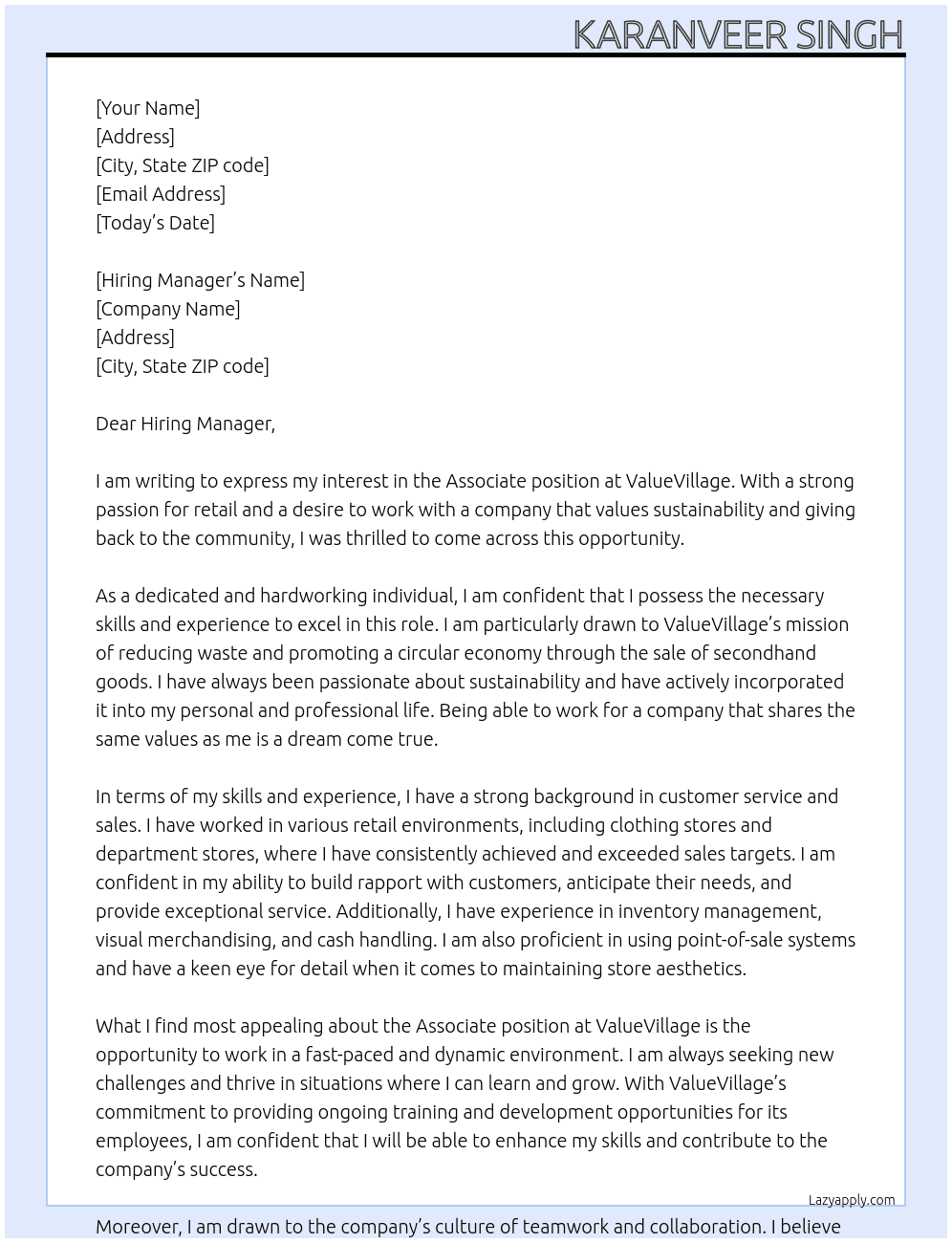 Associate At ValueVillage Cover Letter