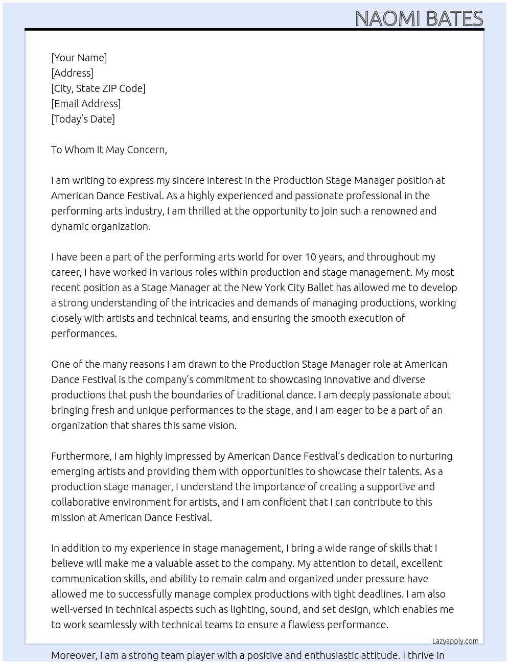 Production Stage Manager At American Dance Festival Cover Letter