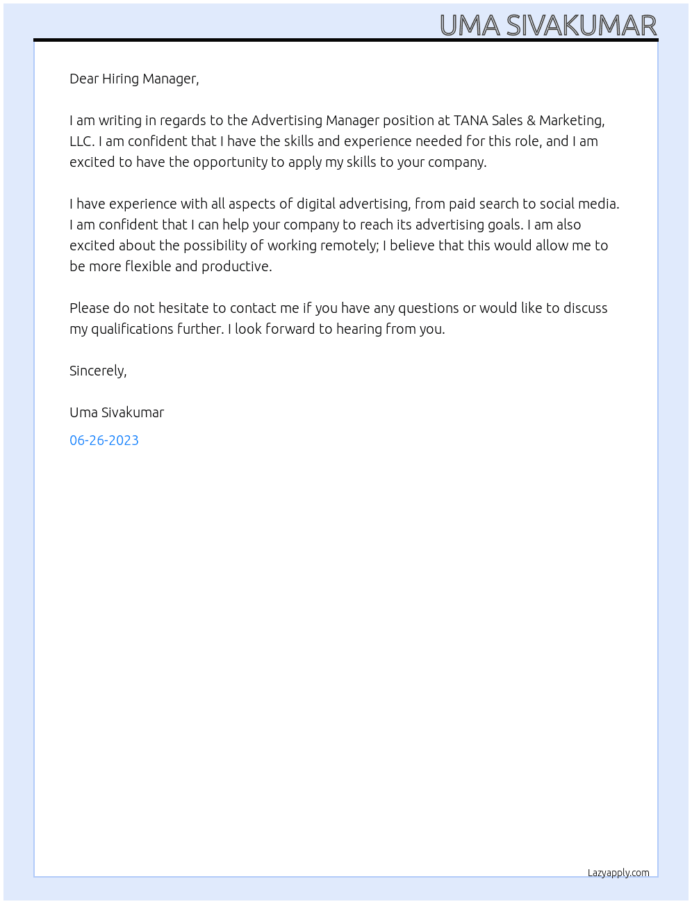 Advertising Manager  At TANA  Sales & Marketing, LLC Cover Letter