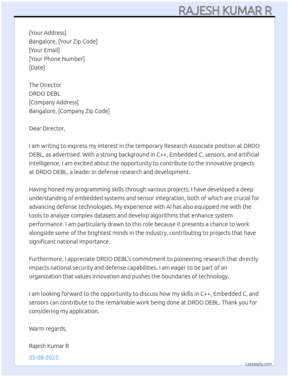 Research Associate  At DRDO DEBL Cover Letter