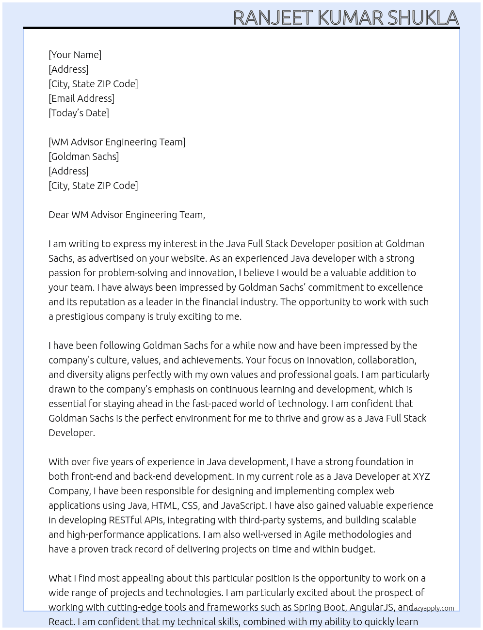 Java Full Stack Developer At Goldman Sachs Cover Letter