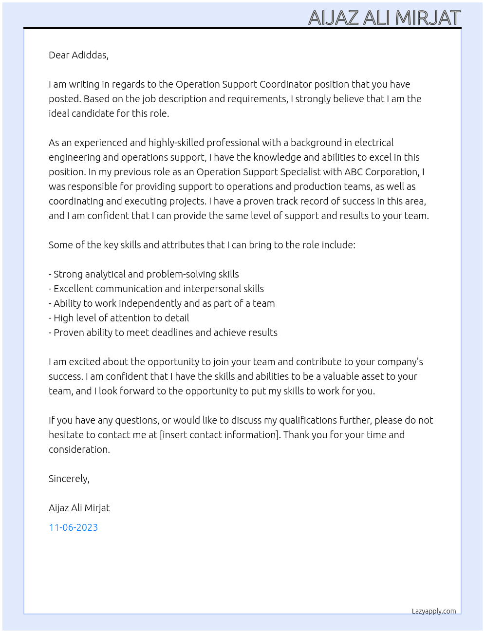 Operation Support Coordinator At Electrical Cover Letter