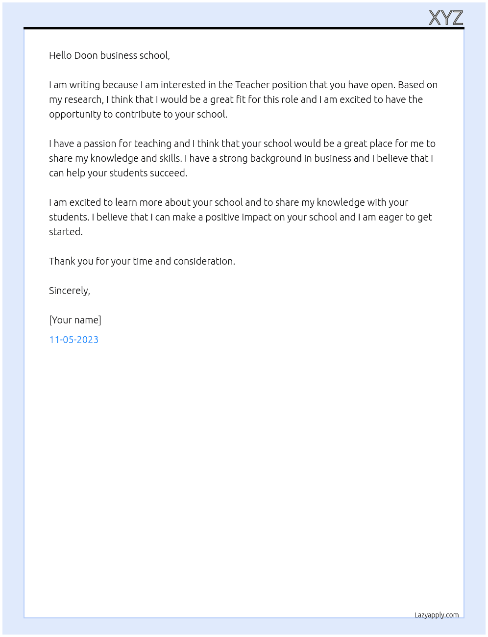 Teacher  At Doon business school  Cover Letter