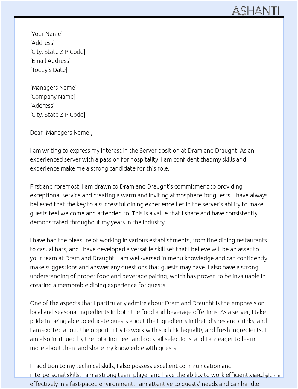 Server At dram and draught Cover Letter