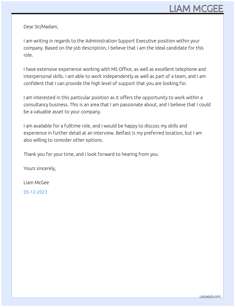 Administration Support Executive At consultancy business Cover Letter