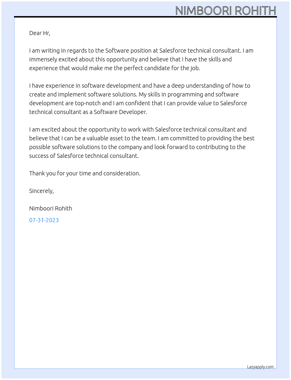Software  At Salesforce technical consultant  Cover Letter