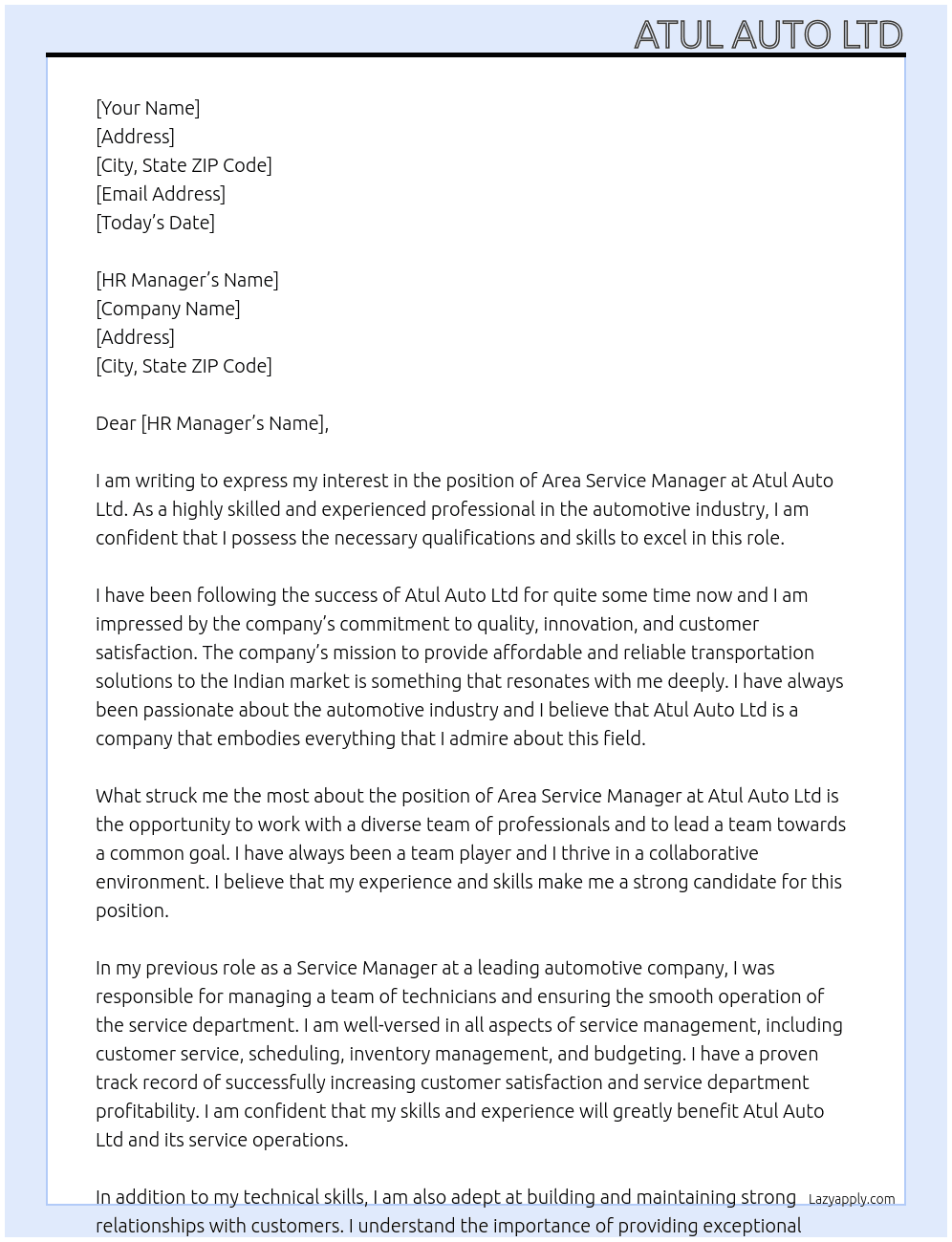 area service manager At atul auto ltd  Cover Letter