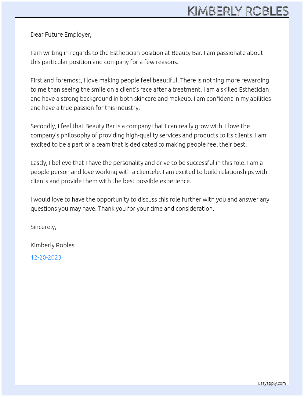 Esthetician At Beauty Bar Cover Letter