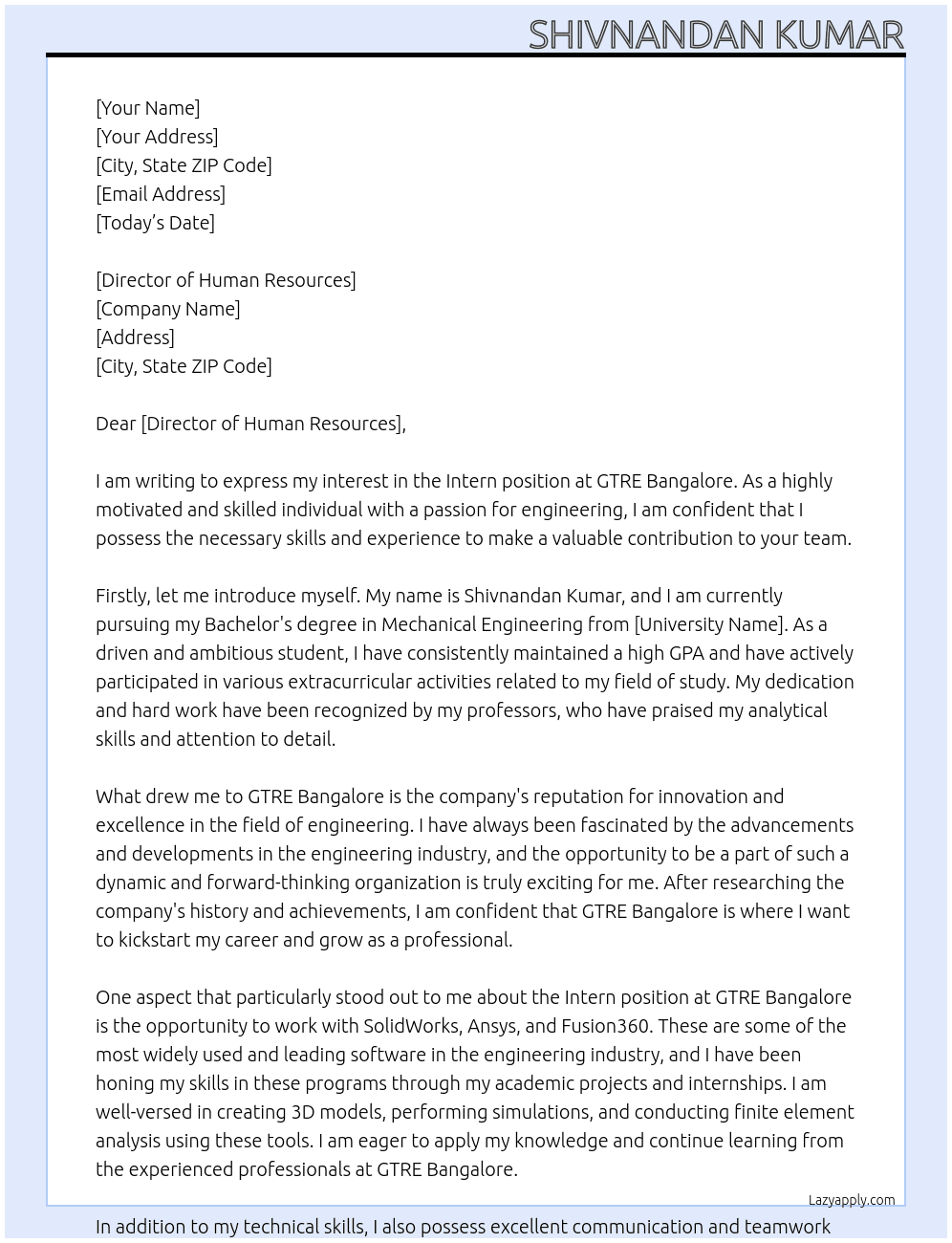 Intern At GTRE Bangalore Cover Letter