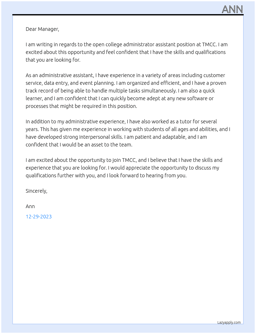 collage admin assistant At tmcc Cover Letter