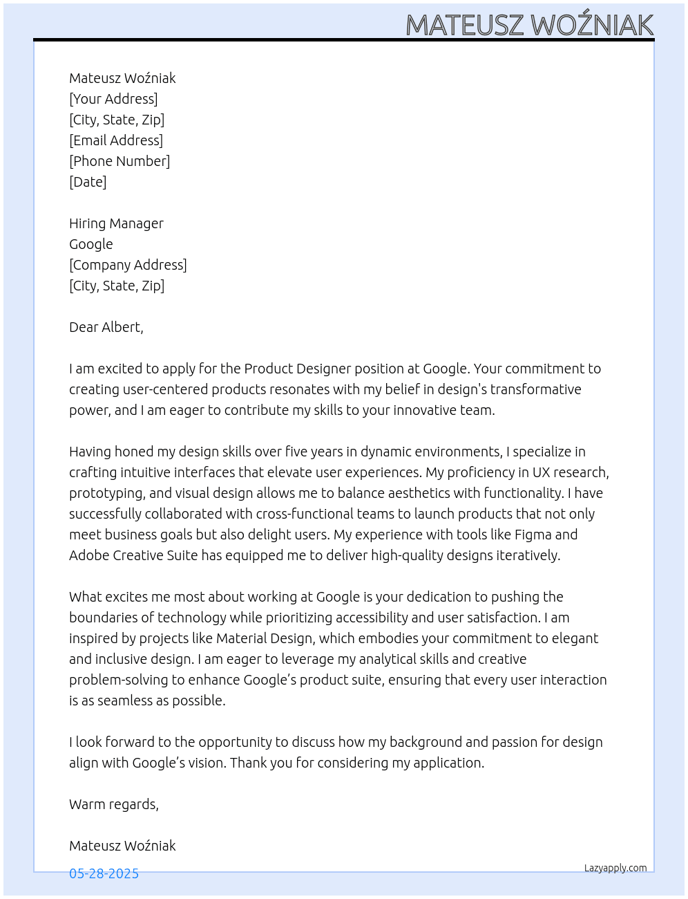 Product designer At Google Cover Letter