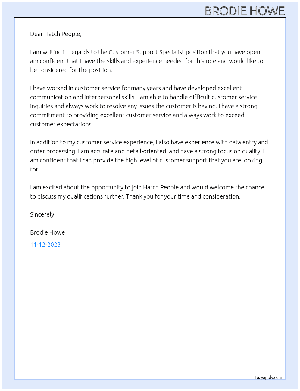 Customer Support Specialist At Hatch People Cover Letter