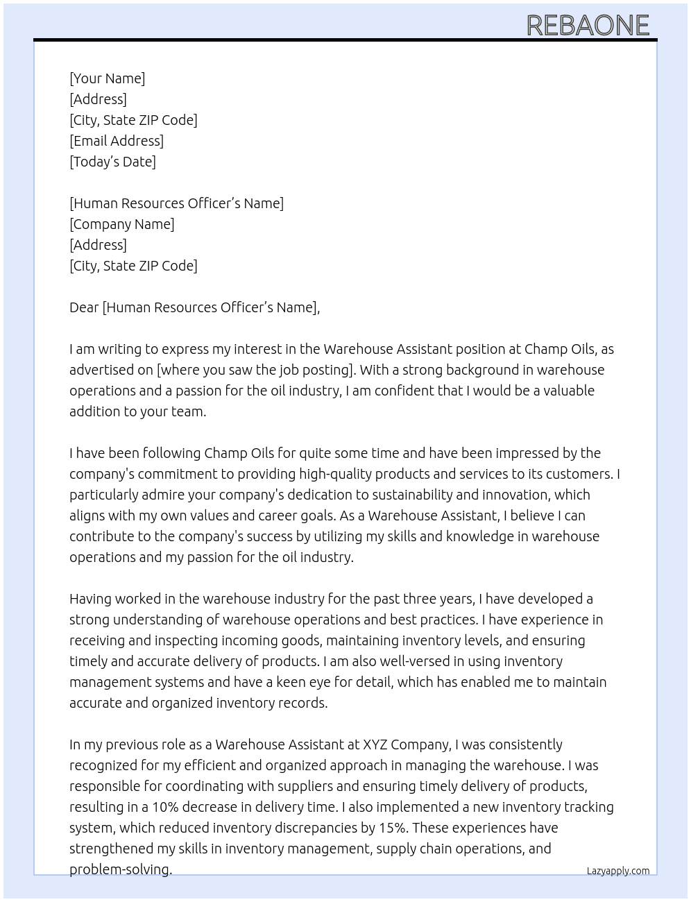 Warehouse  Assistant  At Champ Oils Cover Letter