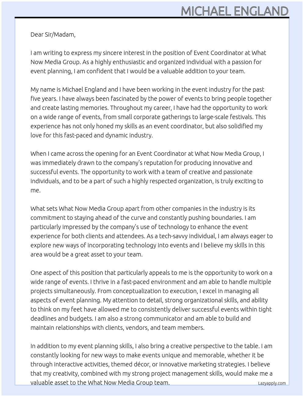 event coordinator At What Now Media Group Cover Letter